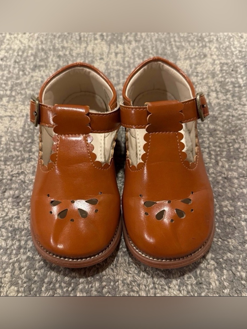 Girls' Scalloped T-Strap Dress Shoes in Cognac Brown